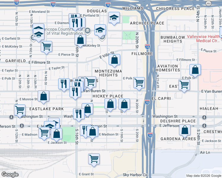 map of restaurants, bars, coffee shops, grocery stores, and more near 1828 East Van Buren Street in Phoenix