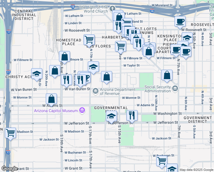 map of restaurants, bars, coffee shops, grocery stores, and more near 1550 West Van Buren Street in Phoenix