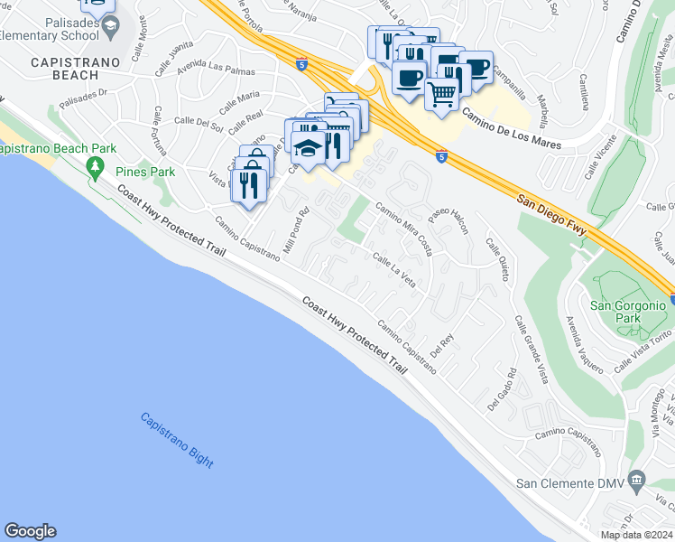 map of restaurants, bars, coffee shops, grocery stores, and more near 35230 Camino Capistrano in Dana Point