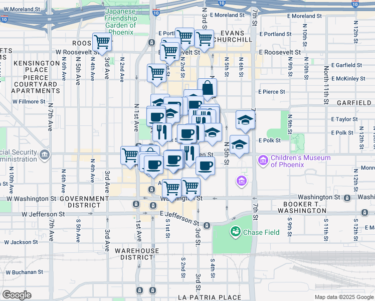 map of restaurants, bars, coffee shops, grocery stores, and more near 200 East Van Buren Street in Phoenix