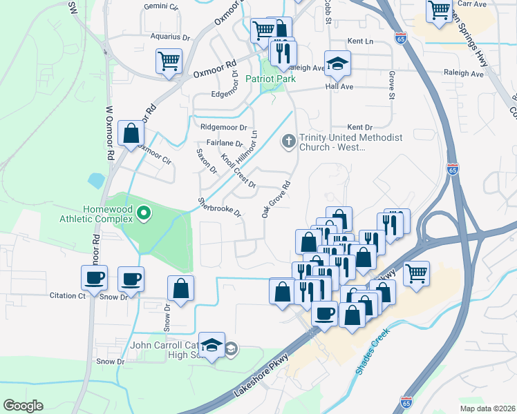 map of restaurants, bars, coffee shops, grocery stores, and more near 1000 Oak Grove Road in Birmingham