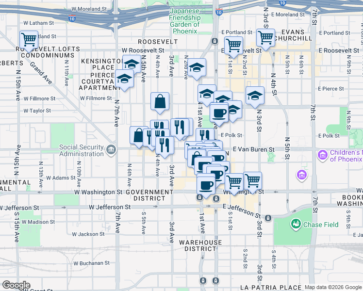 map of restaurants, bars, coffee shops, grocery stores, and more near 202 West Van Buren Street in Phoenix