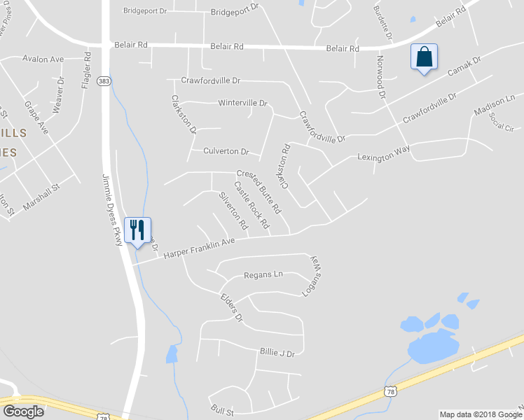map of restaurants, bars, coffee shops, grocery stores, and more near 4514 Castle Rock Road in Augusta