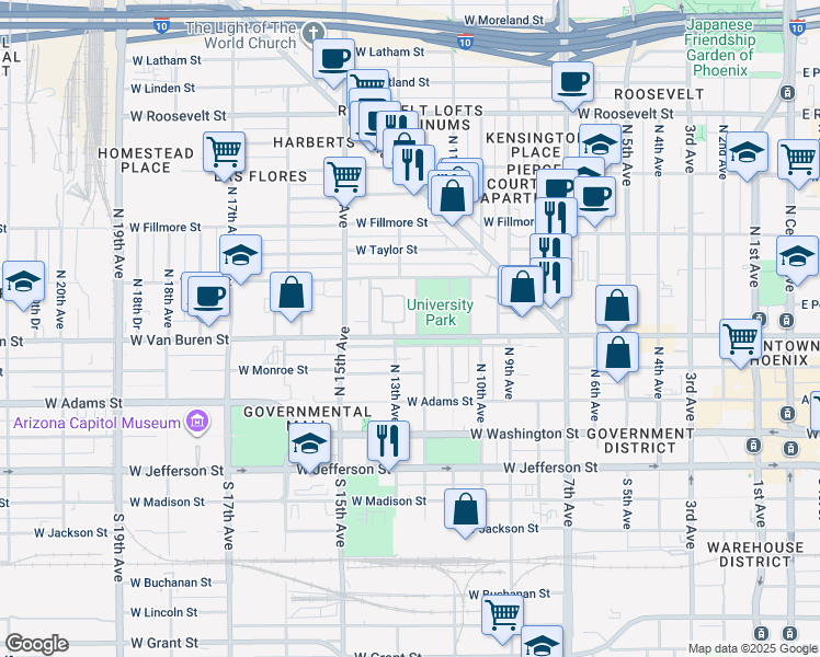map of restaurants, bars, coffee shops, grocery stores, and more near 1350 West Van Buren Street in Phoenix