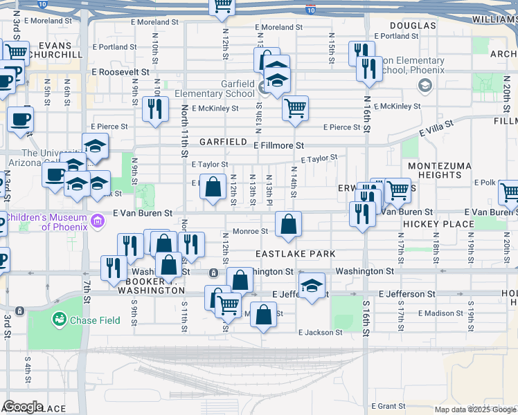 map of restaurants, bars, coffee shops, grocery stores, and more near 1306 East Van Buren Street in Phoenix