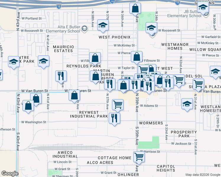 map of restaurants, bars, coffee shops, grocery stores, and more near 3634 West Van Buren Street in Phoenix