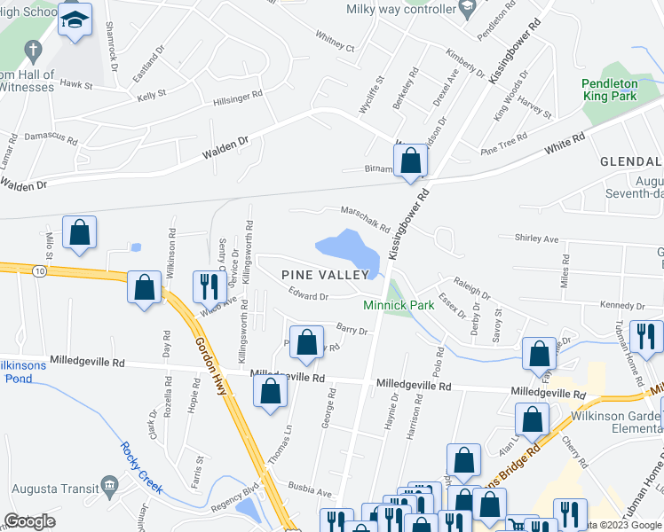 map of restaurants, bars, coffee shops, grocery stores, and more near 2721 Lakewood Drive in Augusta