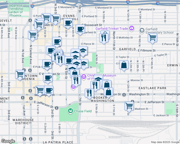 map of restaurants, bars, coffee shops, grocery stores, and more near 800 East Van Buren Street in Phoenix
