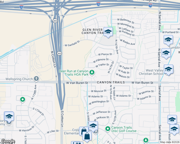 map of restaurants, bars, coffee shops, grocery stores, and more near 462 North 168th Lane in Goodyear