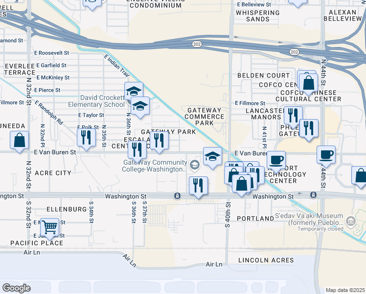 map of restaurants, bars, coffee shops, grocery stores, and more near 3803 East Polk Street in Phoenix