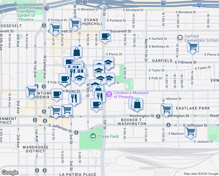 map of restaurants, bars, coffee shops, grocery stores, and more near 714 East Van Buren Street in Phoenix