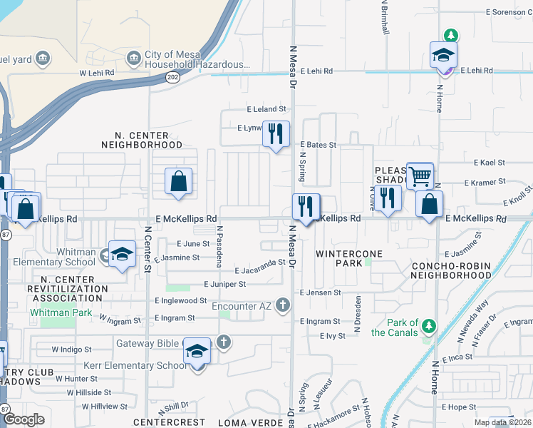 map of restaurants, bars, coffee shops, grocery stores, and more near 320 East McKellips Road in Mesa