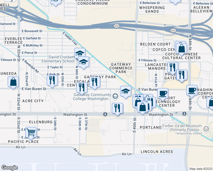 map of restaurants, bars, coffee shops, grocery stores, and more near 3803 East Polk Street in Phoenix