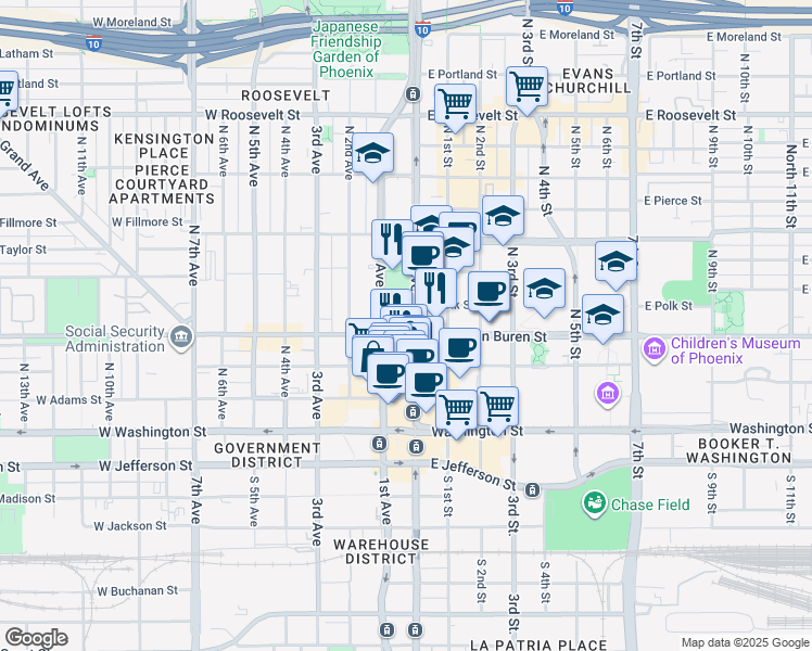 map of restaurants, bars, coffee shops, grocery stores, and more near in Phoenix