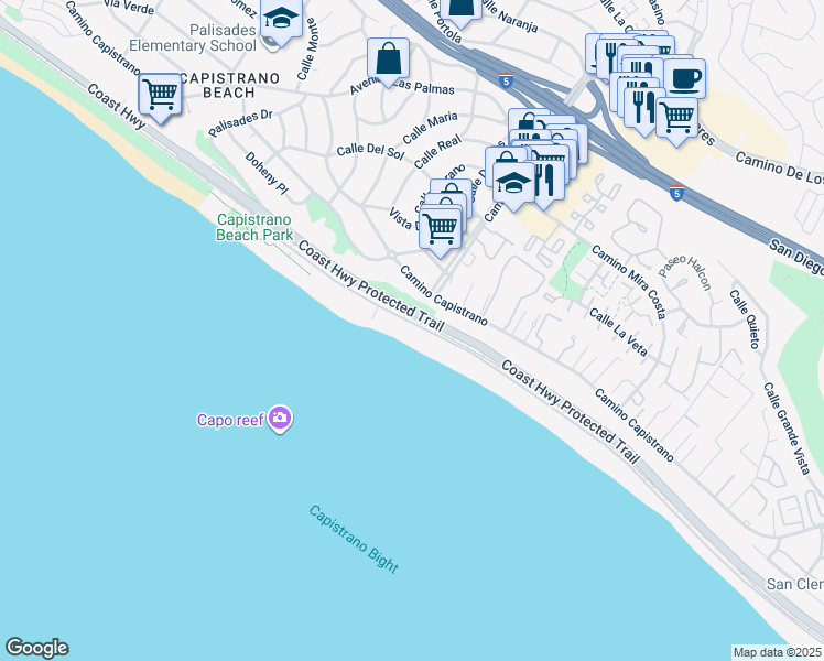 map of restaurants, bars, coffee shops, grocery stores, and more near 35181 Beach Road in Dana Point