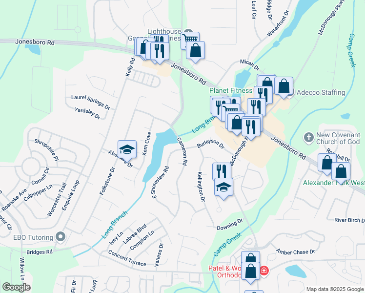 map of restaurants, bars, coffee shops, grocery stores, and more near East Shoreview Road in McDonough