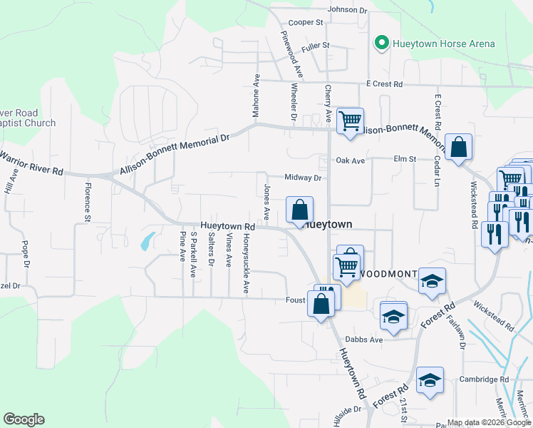 map of restaurants, bars, coffee shops, grocery stores, and more near 101 Jones Avenue in Bessemer