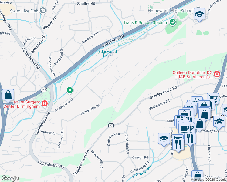 map of restaurants, bars, coffee shops, grocery stores, and more near 1821 Lake Ridge Road in Vestavia Hills