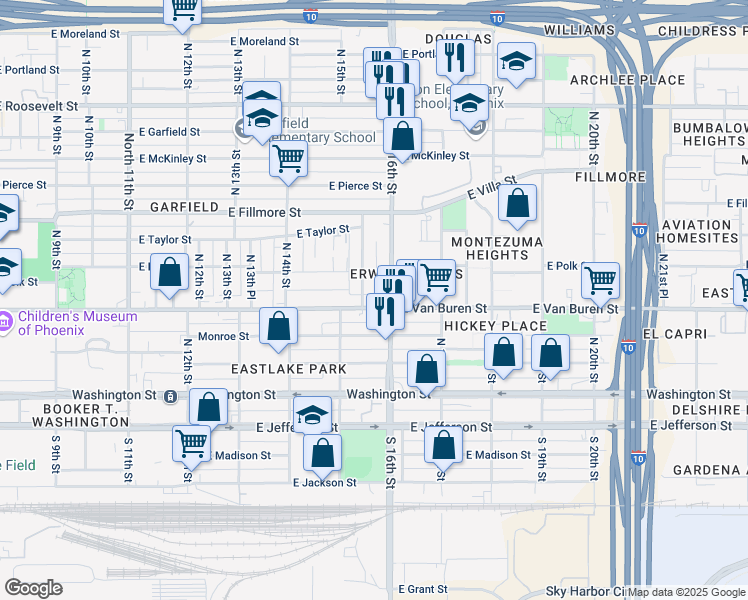 map of restaurants, bars, coffee shops, grocery stores, and more near 1510 East Van Buren Street in Phoenix