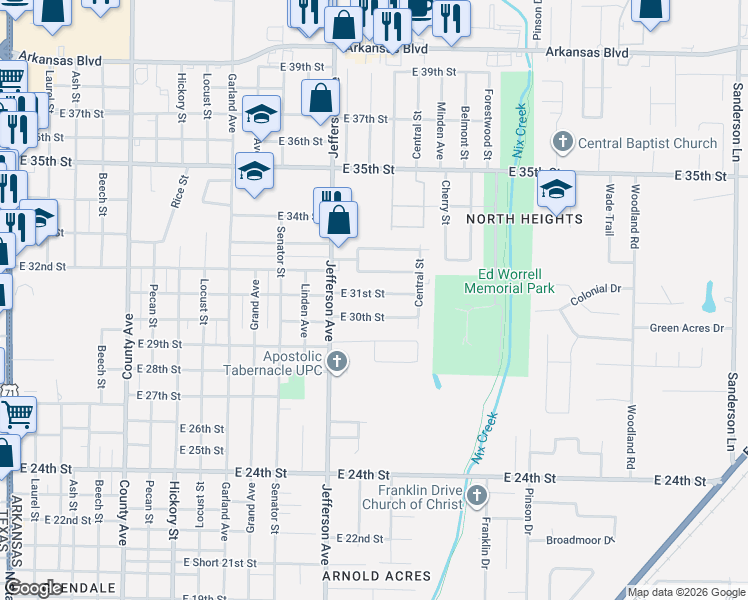 map of restaurants, bars, coffee shops, grocery stores, and more near 1313 East 30th Street in Texarkana