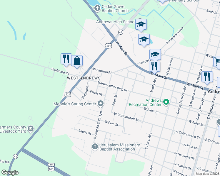 map of restaurants, bars, coffee shops, grocery stores, and more near 911 Martin Luther King Drive in Andrews