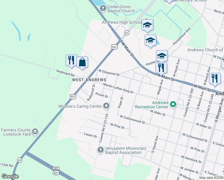 map of restaurants, bars, coffee shops, grocery stores, and more near 911 Martin Luther King Drive in Andrews