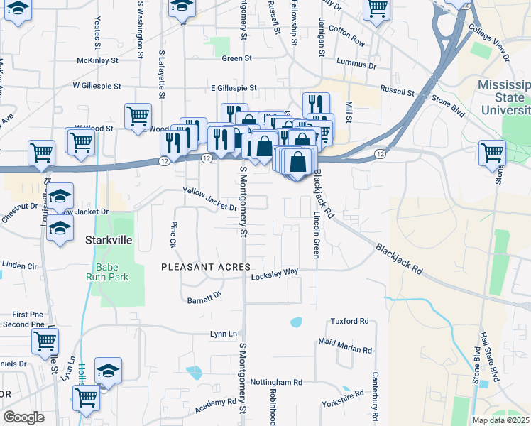 map of restaurants, bars, coffee shops, grocery stores, and more near 623-641 S Montgomery St in Starkville