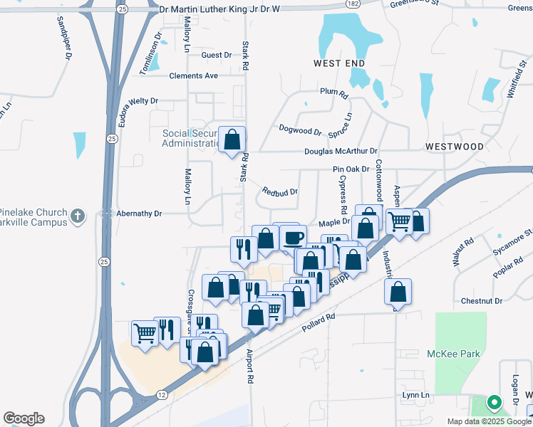 map of restaurants, bars, coffee shops, grocery stores, and more near 710 Birch Drive in Starkville