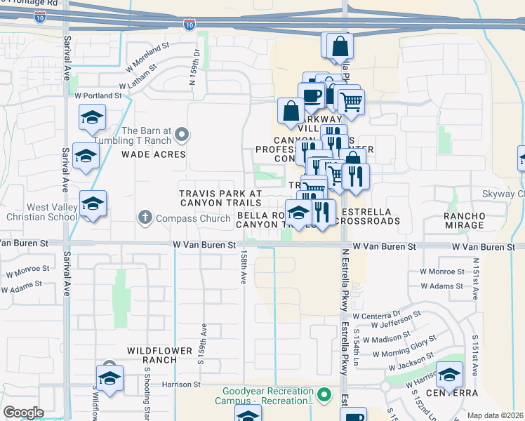 map of restaurants, bars, coffee shops, grocery stores, and more near 381 North 157th Drive in Goodyear