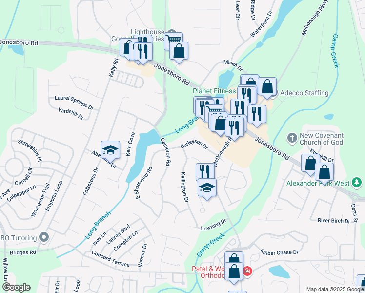 map of restaurants, bars, coffee shops, grocery stores, and more near 109 Burleyson Drive in McDonough