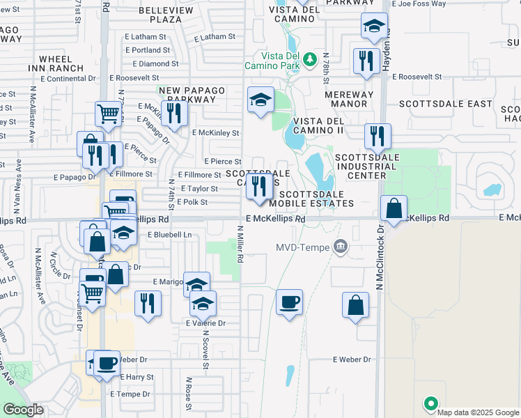 map of restaurants, bars, coffee shops, grocery stores, and more near 7620 East McKellips Road in Scottsdale