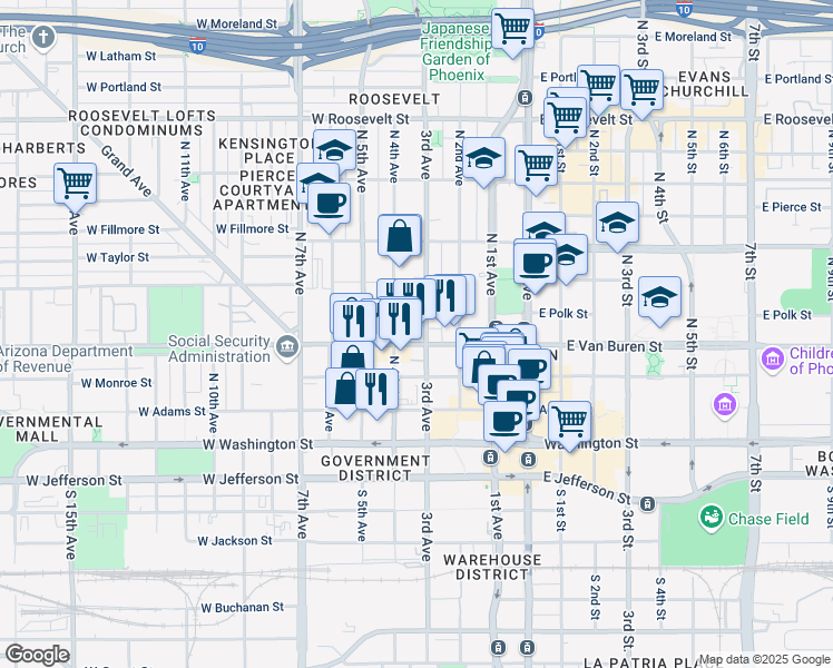 map of restaurants, bars, coffee shops, grocery stores, and more near 302 West Van Buren Street in Phoenix