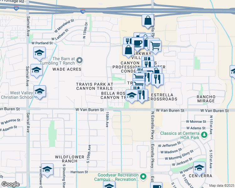 map of restaurants, bars, coffee shops, grocery stores, and more near 15733 West Polk Street in Goodyear
