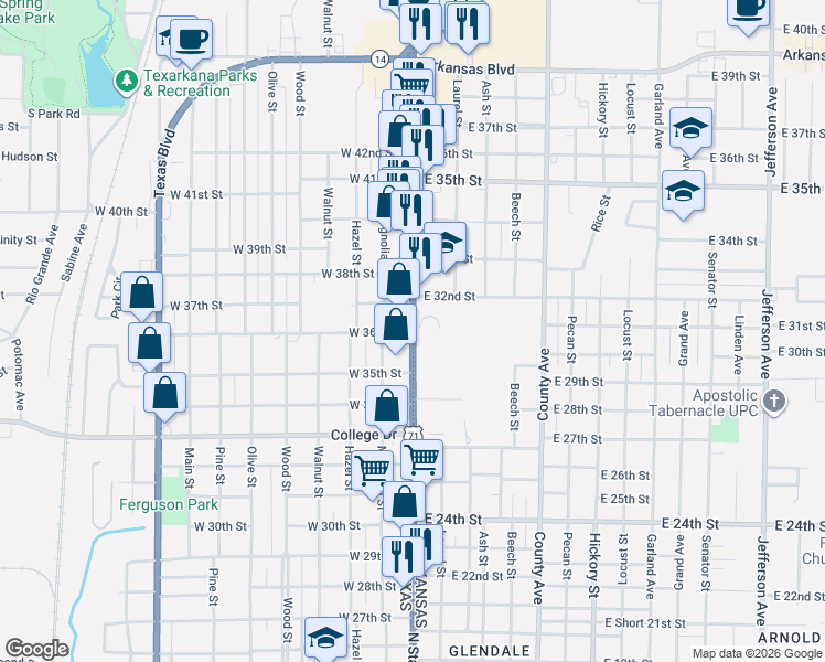 map of restaurants, bars, coffee shops, grocery stores, and more near 101 West 36th Street in Texarkana