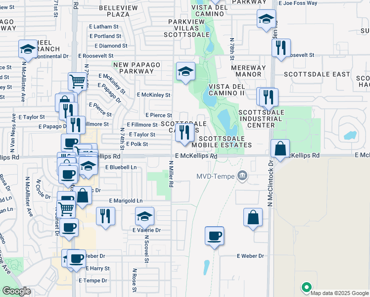 map of restaurants, bars, coffee shops, grocery stores, and more near 7620 East McKellips Road in Scottsdale