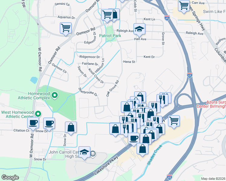 map of restaurants, bars, coffee shops, grocery stores, and more near 1003 Oak Grove Road in Birmingham