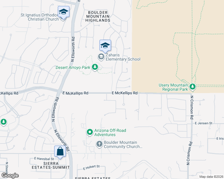 map of restaurants, bars, coffee shops, grocery stores, and more near 9410 East McKellips Road in Mesa