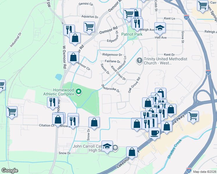map of restaurants, bars, coffee shops, grocery stores, and more near 1044 Sherbrooke Drive in Birmingham