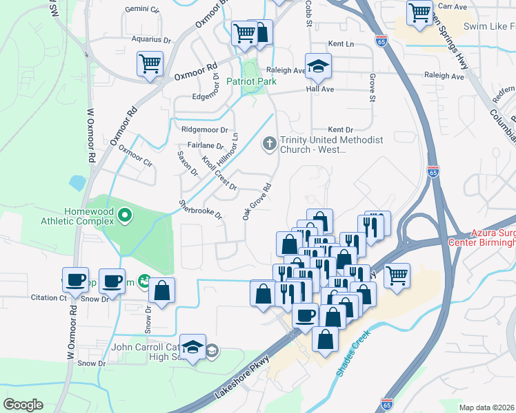 map of restaurants, bars, coffee shops, grocery stores, and more near 1003 Oak Grove Road in Birmingham