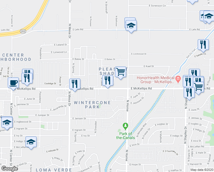 map of restaurants, bars, coffee shops, grocery stores, and more near 625 East McKellips Road in Mesa