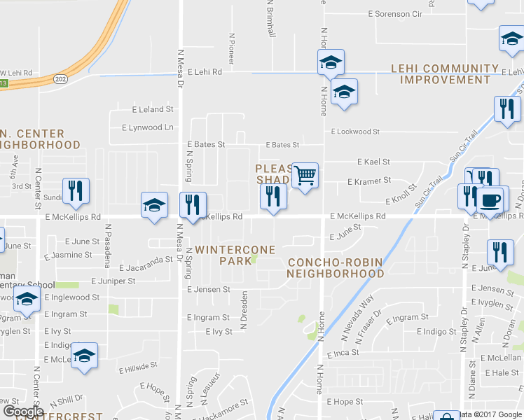 map of restaurants, bars, coffee shops, grocery stores, and more near 625 East McKellips Road in Mesa