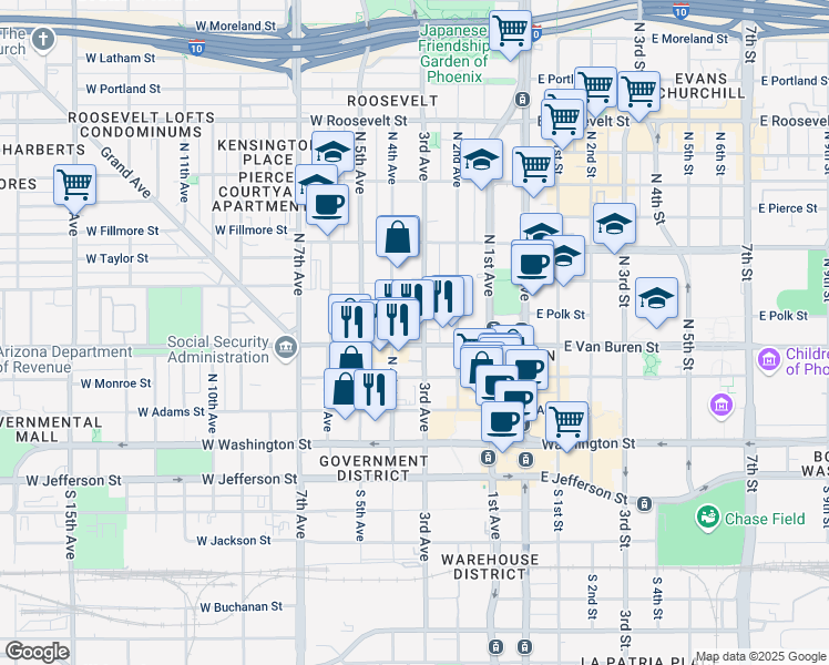map of restaurants, bars, coffee shops, grocery stores, and more near 322w West Van Buren Street in Phoenix
