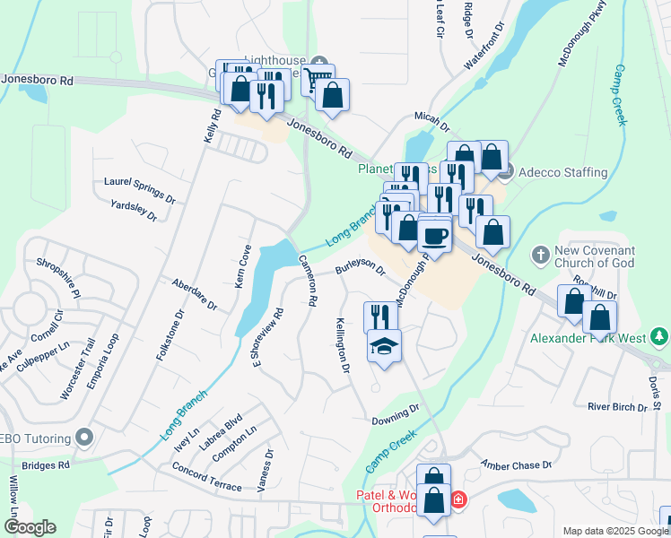 map of restaurants, bars, coffee shops, grocery stores, and more near 109 Burleyson Drive in McDonough