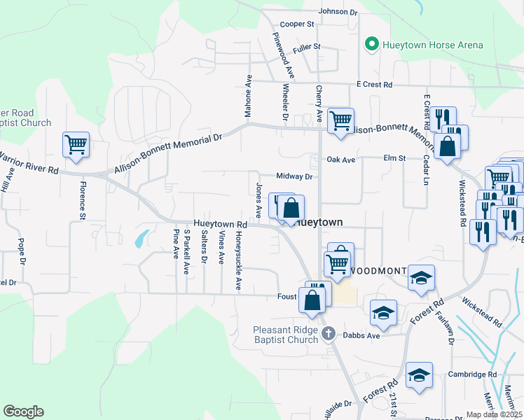 map of restaurants, bars, coffee shops, grocery stores, and more near 101 Jones Avenue in Bessemer