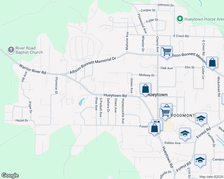 map of restaurants, bars, coffee shops, grocery stores, and more near 1442 Hueytown Road in Hueytown