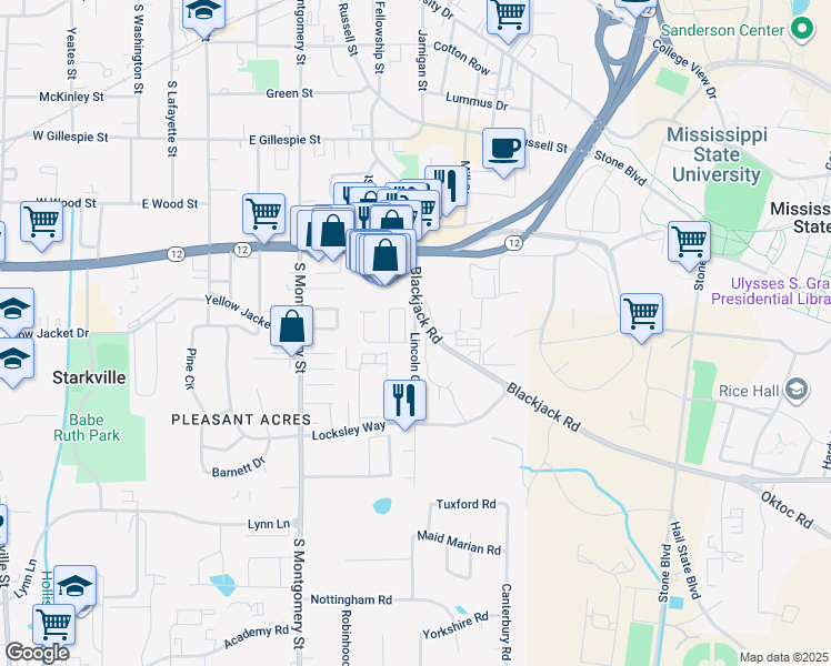 map of restaurants, bars, coffee shops, grocery stores, and more near 233 Lincoln Green in Starkville