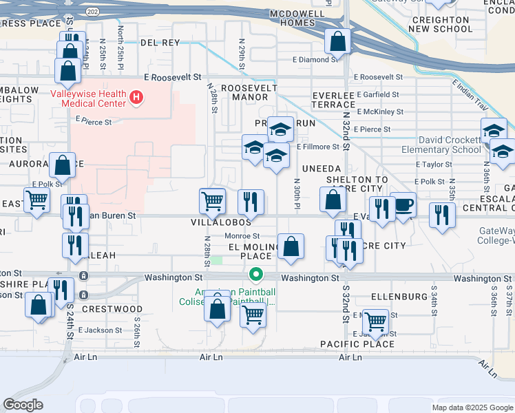 map of restaurants, bars, coffee shops, grocery stores, and more near 2900 East Van Buren Street in Phoenix