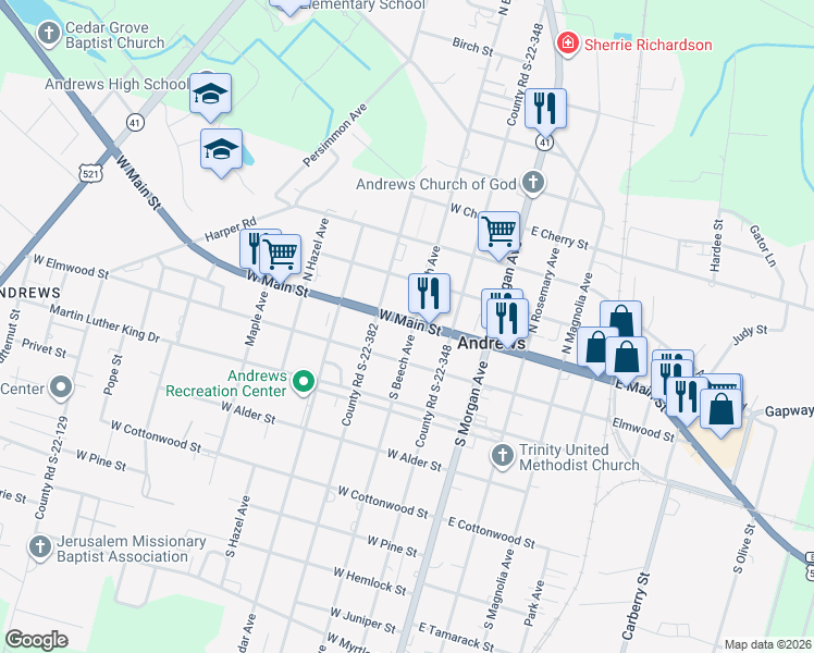 map of restaurants, bars, coffee shops, grocery stores, and more near 4 South Beech Avenue in Andrews