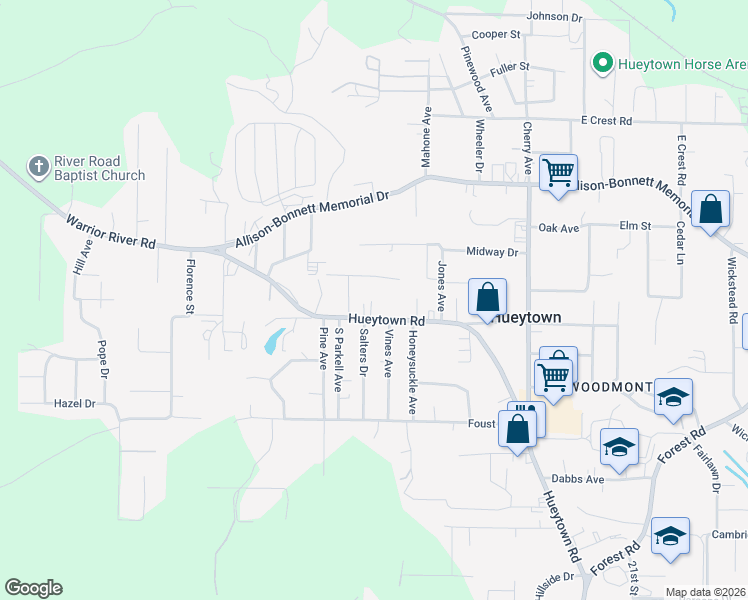 map of restaurants, bars, coffee shops, grocery stores, and more near 1442 Hueytown Road in Hueytown