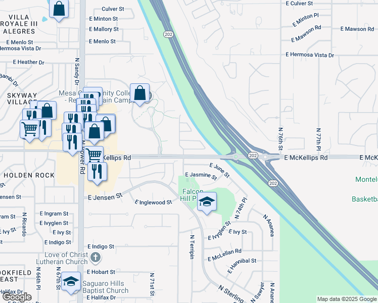 map of restaurants, bars, coffee shops, grocery stores, and more near 7223 East Knoll Street in Mesa
